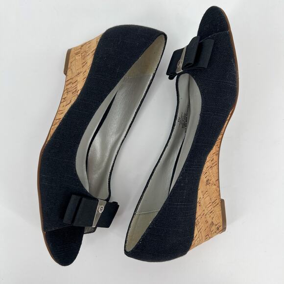 Etienne Aigner Digit Wedge Womens 8M Black Bow Canvas Open Toe Cork Wedge Heels - Picture 6 of 12